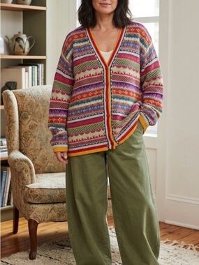 Vintage Bugle Boy Multicolor Fair Isle Cardigan with Yellow Trim